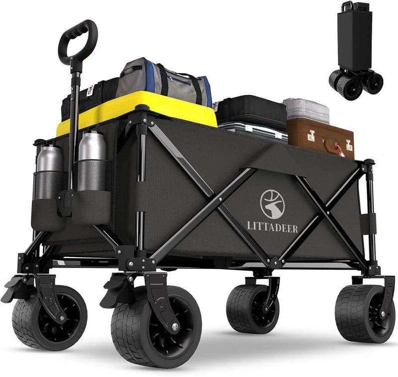 Collapsible Wagon Cart with Silent All-Terrain Wheels, Foldable Heavy Duty Beach Wagon with 330LB,Folding Cart with Cup Holders and Brakes for Camping, Garden,Shopping,Sports Black by GreenHaven Gardens