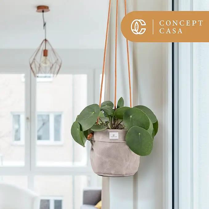 Large Waxed Canvas Handmade Hanging Planter for Indoor/Outdoor Plants, Hanging Basket Plant Holder Stone Gray by GreenHaven Gardens