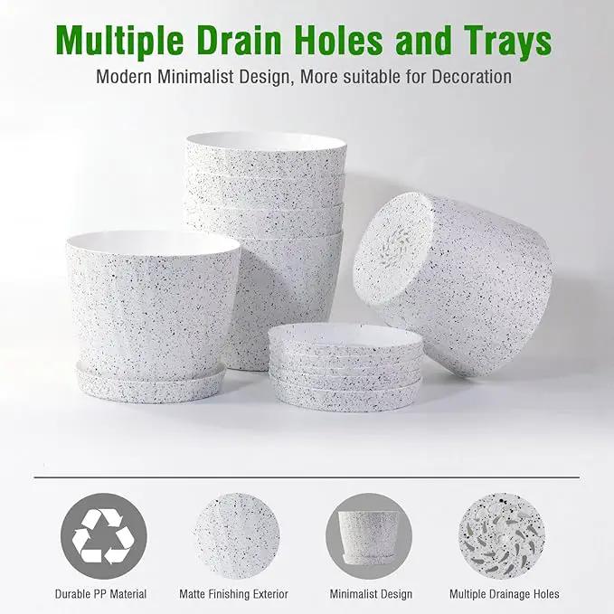 6 Inch Plant Pots Bulk, 6 Pack Plastic Planters with Drainage Holes and Saucers for Indoor Outdoor House Plants and Flowers,White Spots by GreenHaven Gardens