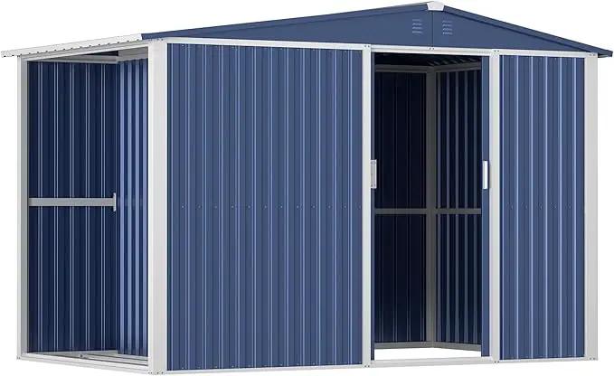 Metal Outdoor Storage Shed 10FT x 6FT with Firewood Storage, Steel Utility Tool Shed Storage House with Sliding Door, Metal Sheds Outdoor Storage for Backyard Garden Patio Lawn, Blue by GreenHaven Gardens