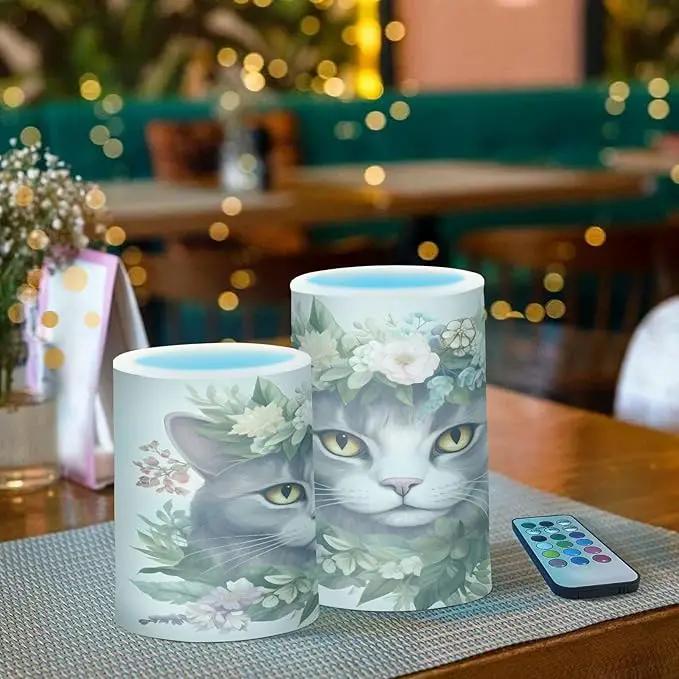 Flickering Flameless Candles, Cat Head Flowers LED Candles with Remote Timer, Set of 2 Battery Operated Candle for Valentine Wedding Birthday by GreenHaven Gardens