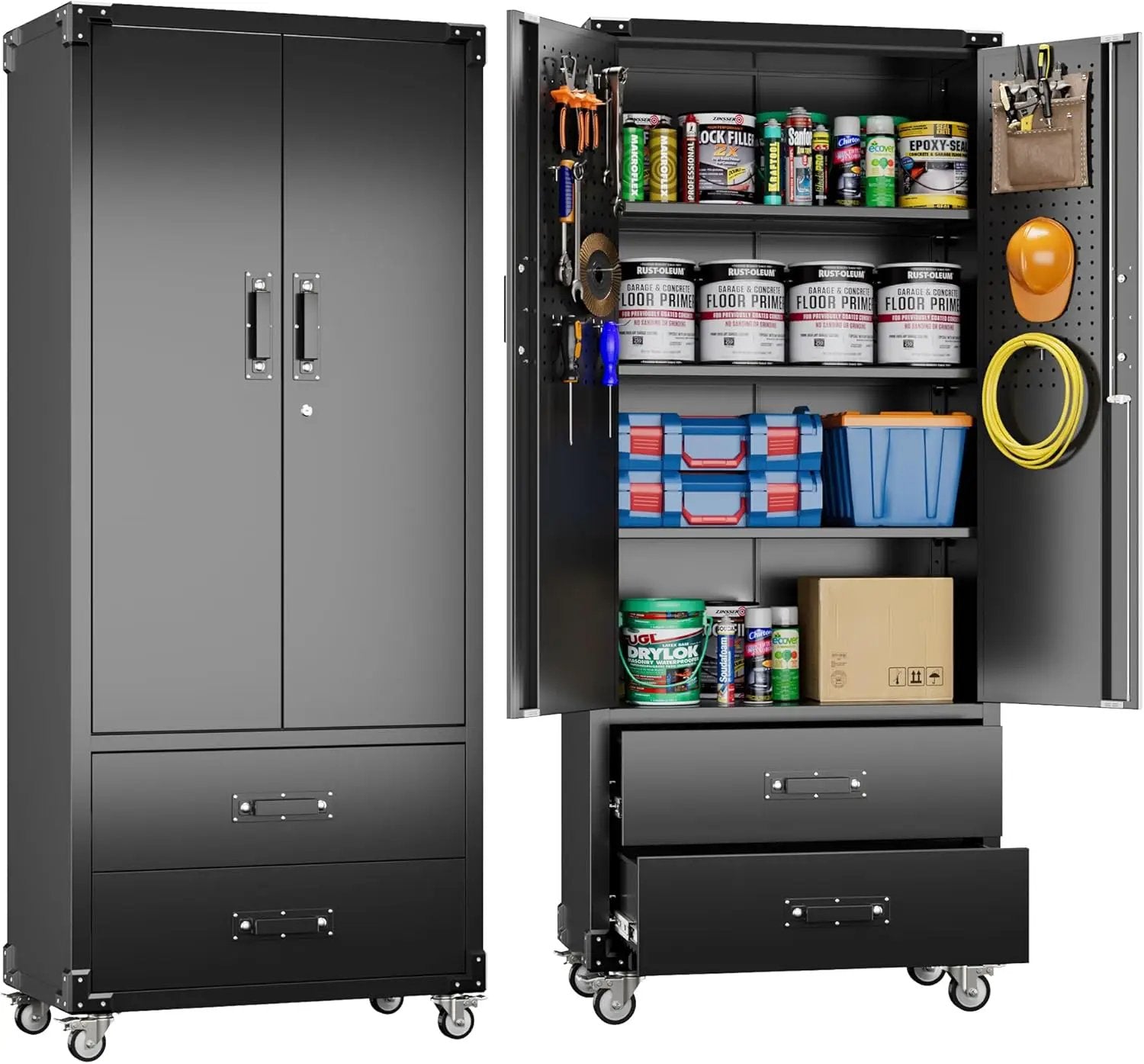 Upgraded Metal Garage Storage Cabinet with Wheels and 2 Drawers, Rolling Tool Cabinet with 3 Shelves and Pegboard Behind The Door for Home Office Garage,Assembly Required,Black by GreenHaven Gardens
