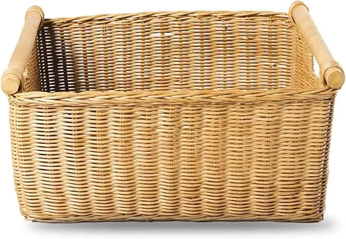 The Basket Lady Pole Handle Wicker Storage Basket, Medium, 16 in L x 12 in W x 8.25 in H, Sandstone by GreenHaven Gardens
