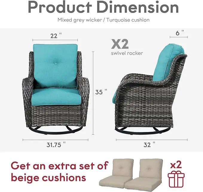 Outdoor Swivel Rcoker Wicker Chairs - Swivel Patio Chairs Set of 2 Patio Furniture Sets with Covered Cushion for Porch Deck Balcony Backyard, Turquoise Cushion by GreenHaven Gardens