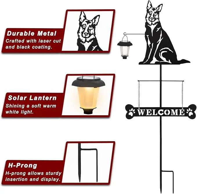 BAYN Solar German Shepherd Silhouette Dog Breed Welcome Sign with a Lantern Outdoor Decorative Garden Stakes for Yard, Lawn, Patio, Pathway by GreenHaven Gardens