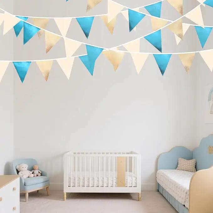 Champagne Gold Sky Blue Beige Decorations Metallic Fabric Triangle Pennant Banner Bunting Flag Garland for Birthday Baby Shower Engagement Wedding Graduation Bridal Shower Party Decorations Supplies by GreenHaven Gardens