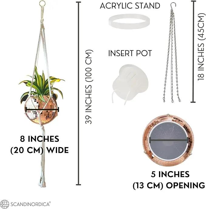 SCANDINORDICA Disco Ball Planter – Value Package: Mirror Disco Planter with Chain, Macrame Hanger and Acrylic Stand for Desk, Includes Self Watering Insert, Plant Gifts | 8 inch Rose Gold by GreenHaven Gardens