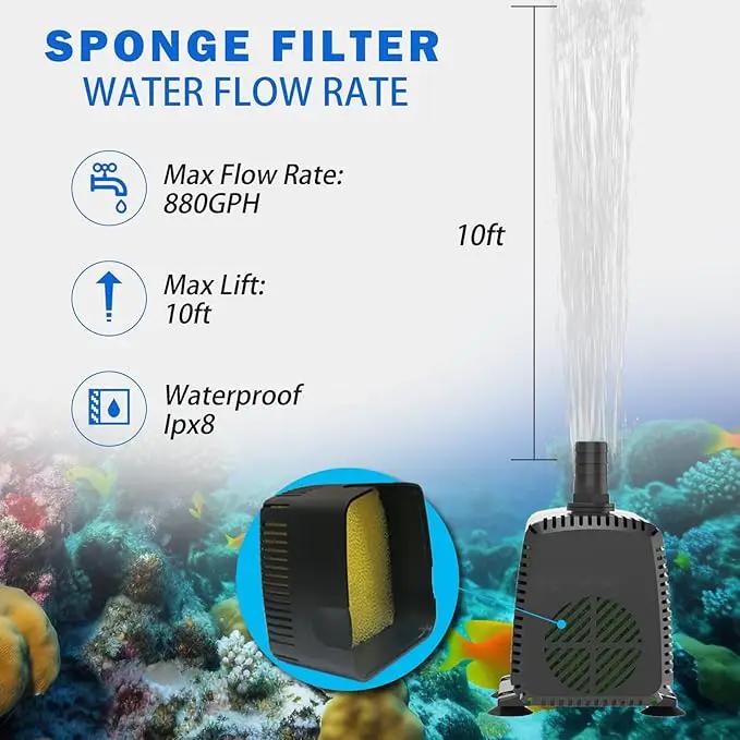 Submersible Pump 880GPH with AUTO-Shut-Off 10ft High Lift for Fountains, Hydroponics, Ponds, Aquariums & More by GreenHaven Gardens