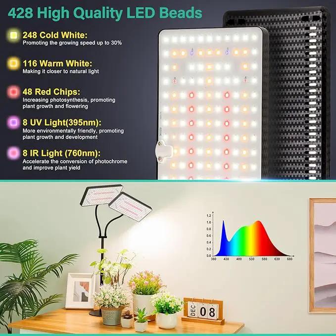 2024 Upgraded Desk Grow Lights for Indoor Plants, Dual-Head 428 LED Tabletop Full Spectrum Grow Light, with 3/6/12H Timer, 6 Brightness Levels, 3 Lighting Modes, Height Adjustable for 10-26 inches by GreenHaven Gardens