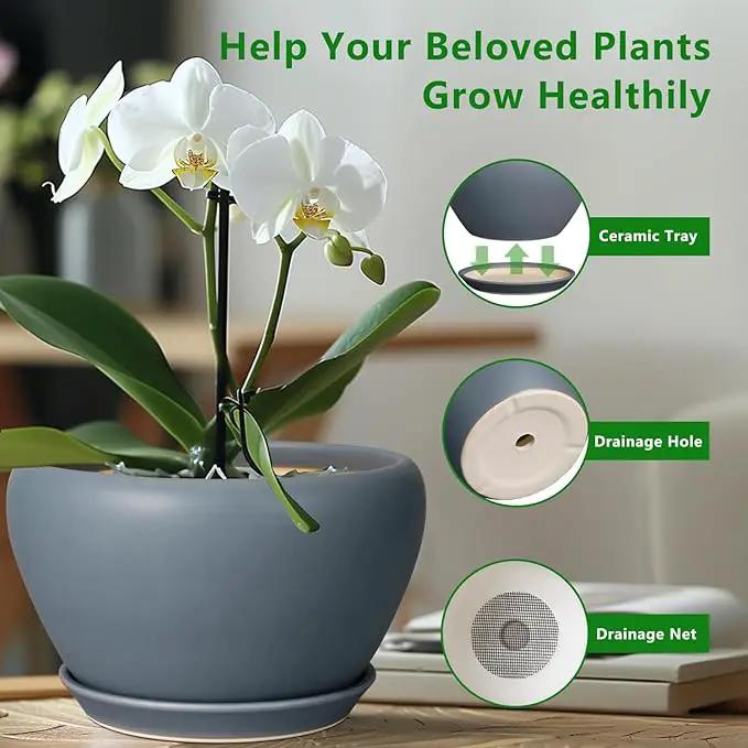 Ceramic Planter - 13 Inch Planter for Indoor Plants Large Plant Pot with Drainage Hole and Saucer Round Outdoor Planter Modern Flower Pot for Home Decor Gray by GreenHaven Gardens