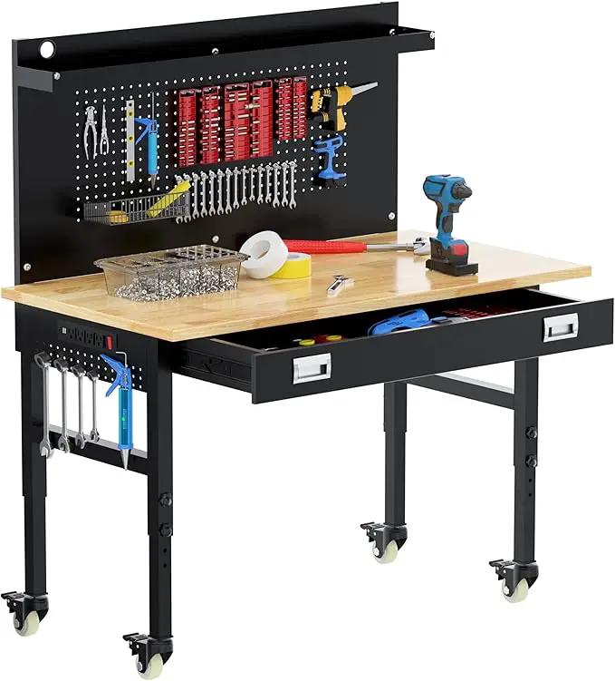 48" Heavy Duty Adjustable Workbench with Large Pegboard, Adjustable Work Table with Power Outlets & Lockable Wheels, Rubber Wood Workstation for Garage, Workshop, Office, Home, Commercial by GreenHaven Gardens
