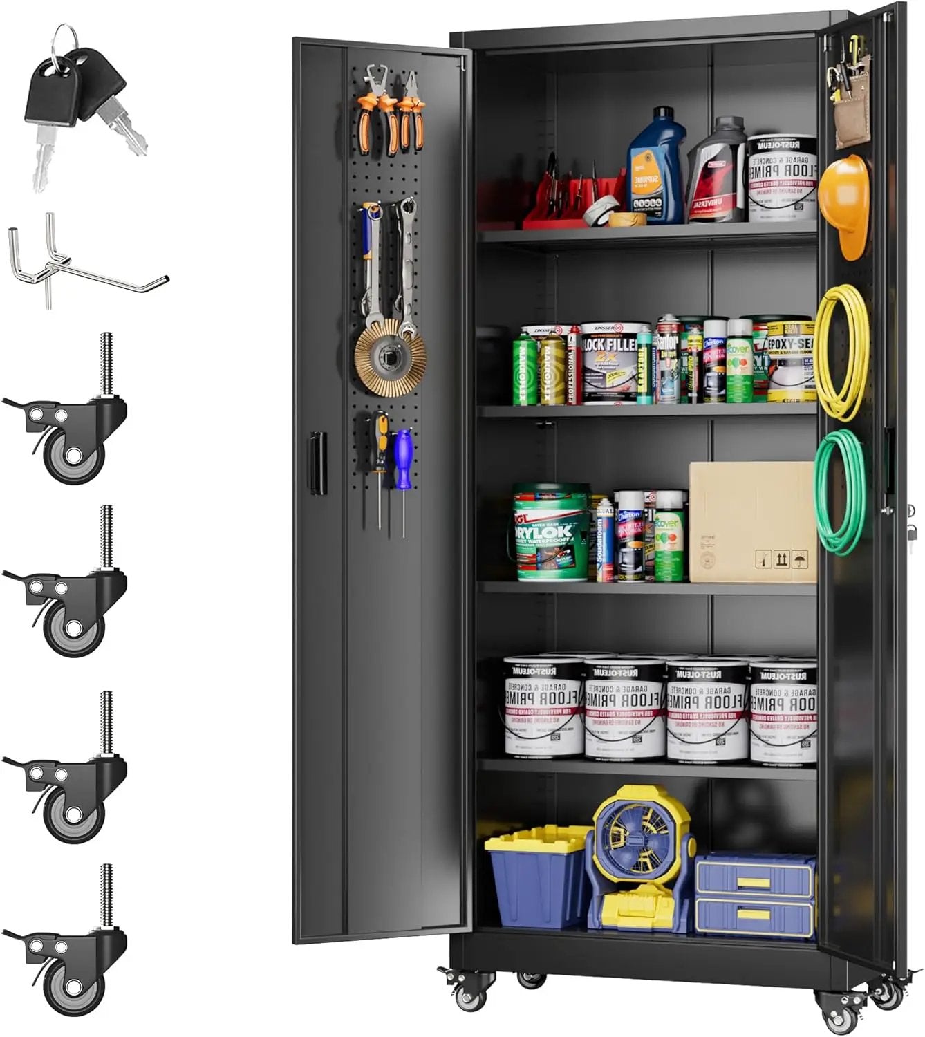 Metal Storage Cabinet with Wheels, Pegboard and 4 Hooks, 73" H Garage Storage Cabinet with 4 Adjustable Shelves and 2 Lockable Doors for Garage Home Office Warehouse, Black, Assembly Required by GreenHaven Gardens
