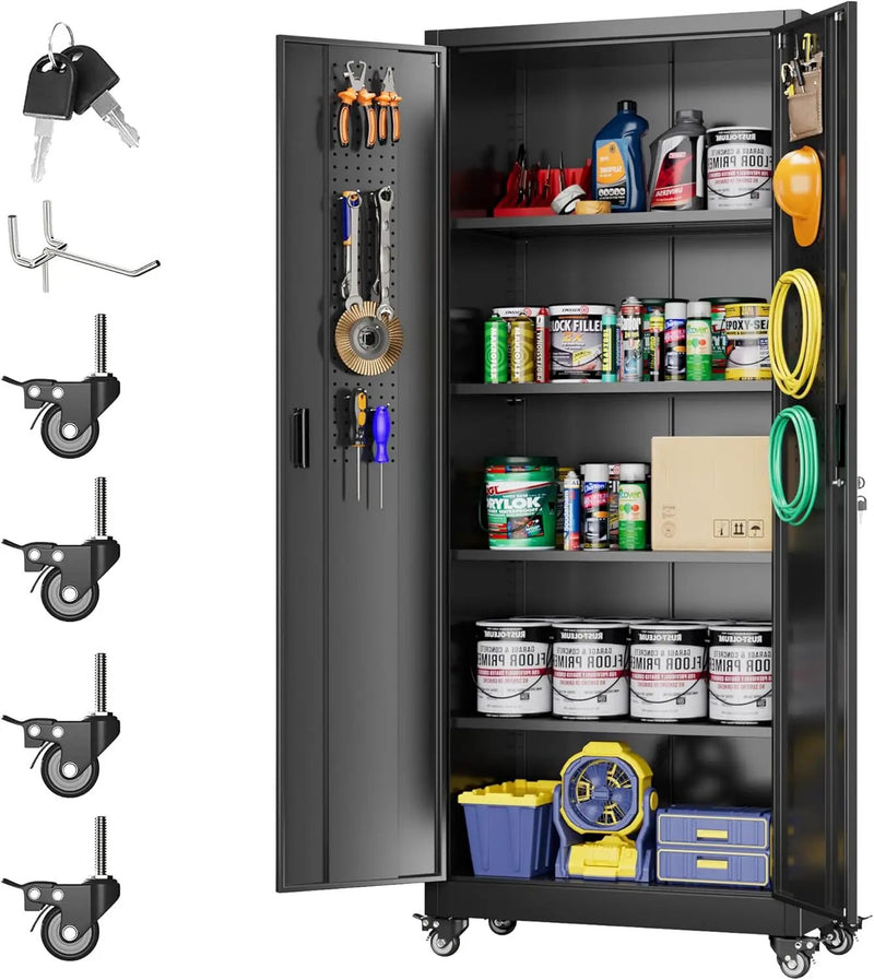 Metal Storage Cabinet with Wheels, Pegboard and 4 Hooks, 73" H Garage Storage Cabinet with 4 Adjustable Shelves and 2 Lockable Doors for Garage Home Office Warehouse, Black, Assembly Required by GreenHaven Gardens