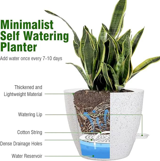 12/10/9 inch Large Self Watering Pots, Plant Pots with Mesh Drainage Holes for Indoor Outdoor Garden Plants, Flower Pots with Deep Reservoir, Set of 3 Plastic Planters, Specked White by GreenHaven Gardens