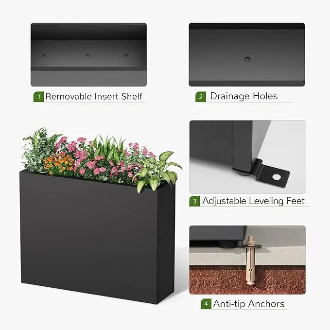 Stoog 38" Metal Tall Rectangular Planter - All-Weather Planter Box for Indoor/Outdoor Use, with Removable Insert Shelf, and Modern Design for Plants, Flowers, Garden, Black by GreenHaven Gardens