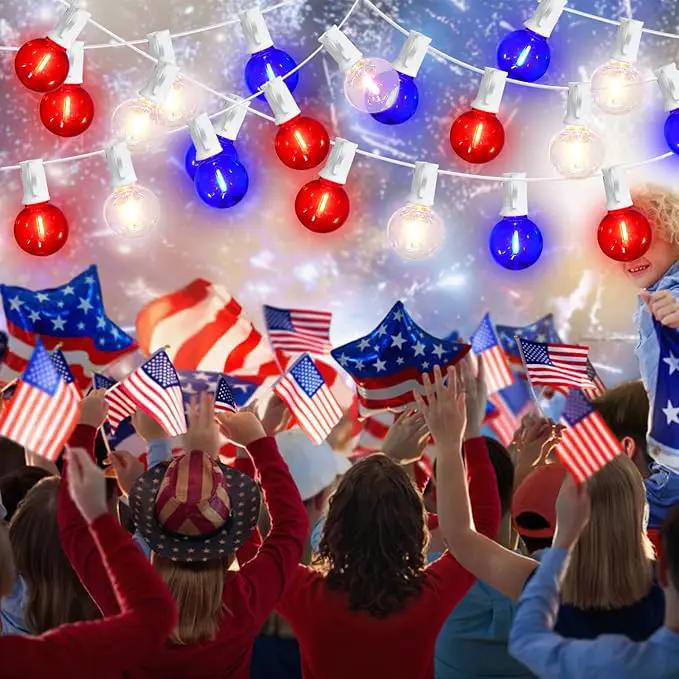 G40 LED Red White and Blue Lights, 27.8 FT 4th of July Lights Plug in with 25+3 Bulbs, Patriotic Decorations Outdoor String Light for Memorial Day Independence Day Patio Garden Backyard Bistro Decor by GreenHaven Gardens