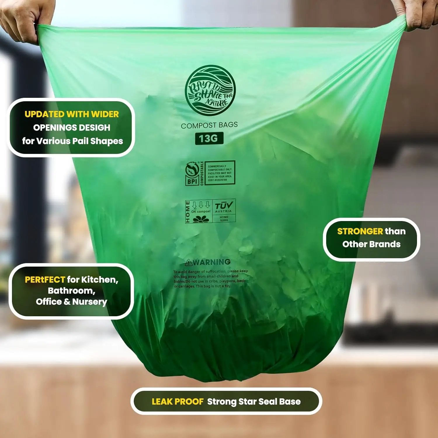 RAYTID 13 + Gallon Compostable Trash Bags,70 Count, Extra Thick 1.1 Mil, Tall Kitchen Food Scrap Waste Bag, ASTM D6400, US BPI and OK Compost HOME Certified by GreenHaven Gardens