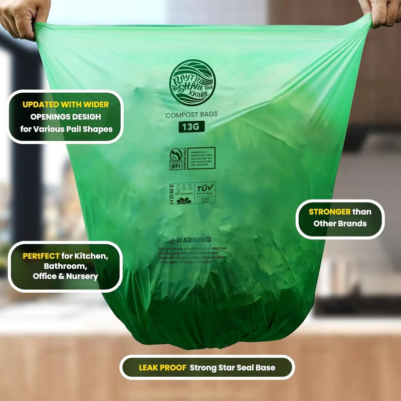 RAYTID 13 + Gallon Compostable Trash Bags,70 Count, Extra Thick 1.1 Mil, Tall Kitchen Food Scrap Waste Bag, ASTM D6400, US BPI and OK Compost HOME Certified by GreenHaven Gardens