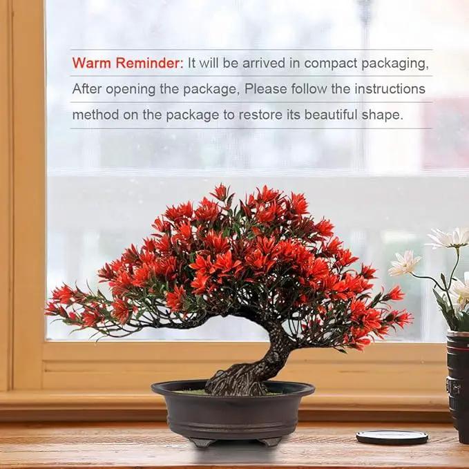 Fake Plants Plastic Artificial Bonsai Tree, Red Bonsai Tree for Home Bedroom Office Desk Farmhouse Room Decor, Tall 9.5" by GreenHaven Gardens