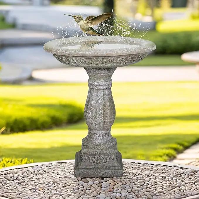 SunJet 23.8 Inch High Concrete Bird Bath with Carved Pedestal – Birdbath Sturdy & Elegant Design, Stone-Like Texture, Attracts Birds and Enhances Garden, Patio, Yard, Lawn Decor by GreenHaven Gardens