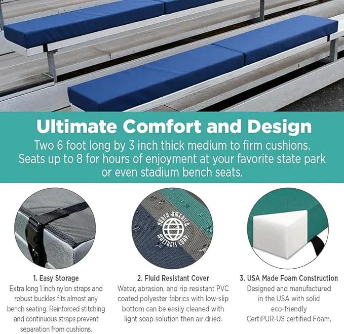 North American Mattress 8' Outdoor Picnic Bench Seat Cushion - 2 Piece Set; 96" (8ft) x 10" x 3"; Gray - Folding & Easy to Carry by GreenHaven Gardens