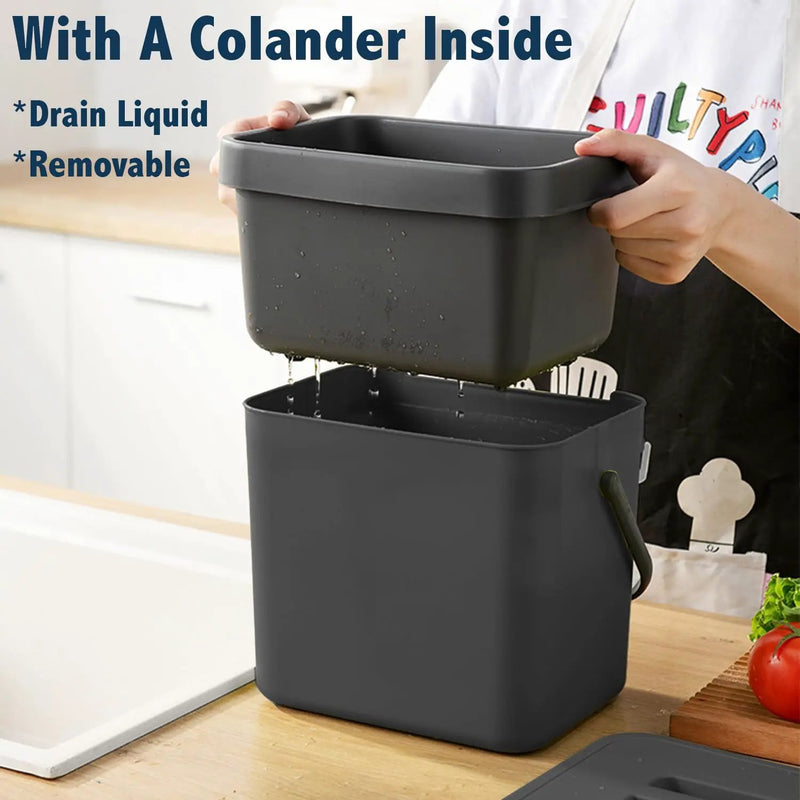 Kitchen Compost Bin, LALASTAR Food Waste Bin for Kitchen, Food Scrap Pail Bucket with Colander, Hanging Trash Can, 1.8 Gallons, Black by GreenHaven Gardens