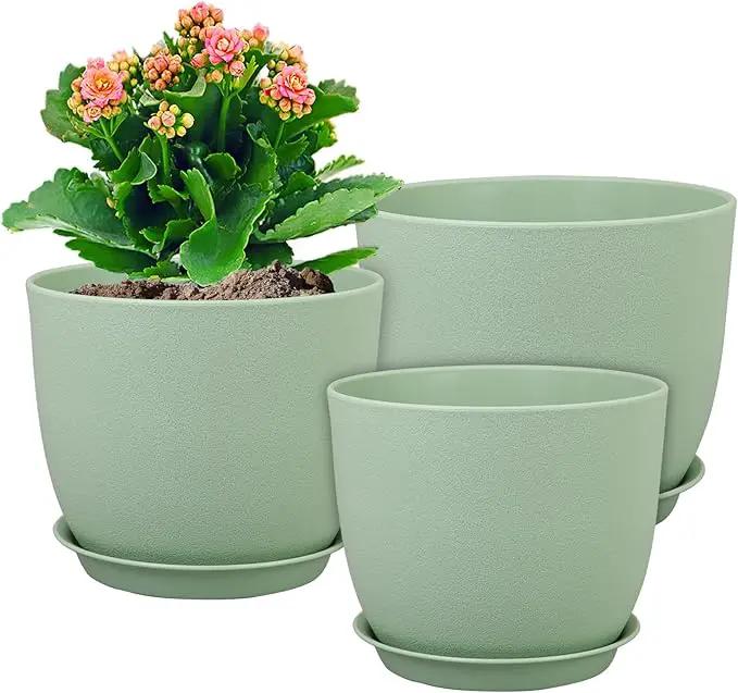 Medium Plant Pots 10/9/8 inch, Flower Pots for Indoor Outdoor Plants, Set of 3 Modern Decorative Plastic Planters with Drainage Holes and Saucers for House Porch Garden Plants, Green by GreenHaven Gardens
