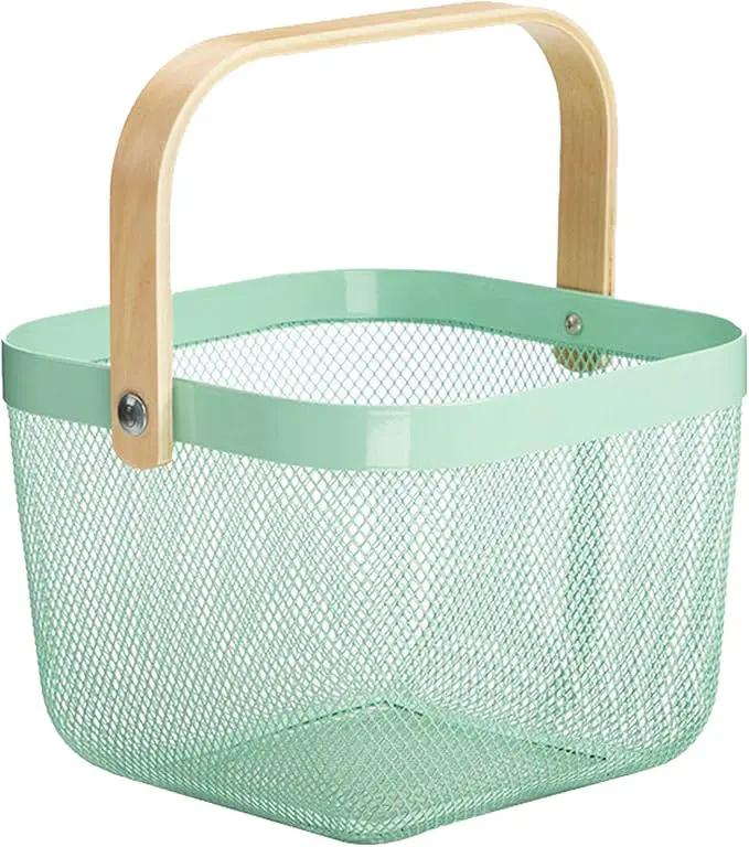 Metal Mesh Steel Basket, Storage Organizer Basket Multi-functional Hanging Kitchen Baskets Fruit Basket with Wooden Handle for Kitchen Bathroom Picnic Shopping Decor Cabinet Home, Macaron Blue by GreenHaven Gardens