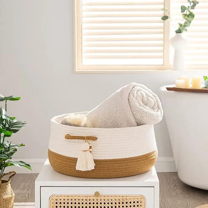 KAKAMAY Woven Baskets for Storage(16"x8"),Blanket Basket for Organizing Living Room,Cotton Rope Basket Woven Baby Laundry Hamper,Collapsible Laundry Room Organization,Clothes,Toy Chest(Brown) by GreenHaven Gardens