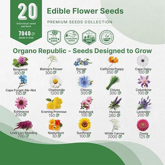 Organo Republic 20 Edible Flower Seeds Variety Pack- Indoor/Outdoor. 7000+ Non-GMO Heirloom: Borage, Bergamot, Nasturtium, Chives, Cape Daisy, Hyssop, Zinnia Seeds & More by GreenHaven Gardens