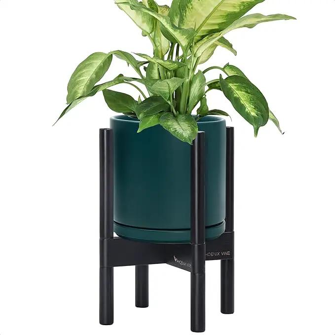 D'vine Dev Ceramic Planter with Ebony Stand - 8 Inch Modern Round Flower Pot with Wood Planter Holder, Teal, 55-B-M-4 by GreenHaven Gardens