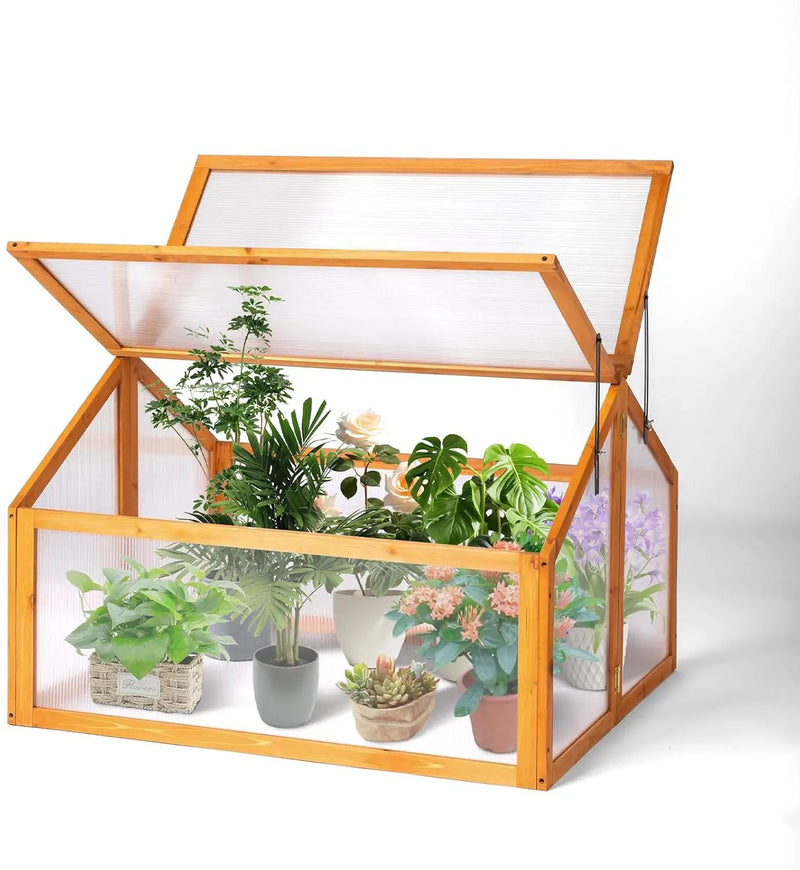 VINGLI Cold Frame Greenhouse, Mini Wooden Green House with Flip-Top Roof, Raised Flower Planter Shelf, Small Lockable Wood Cabinet for Plants Indoor Outdoor (Yellow, 35.43" x 30.71" x 23.23") by GreenHaven Gardens