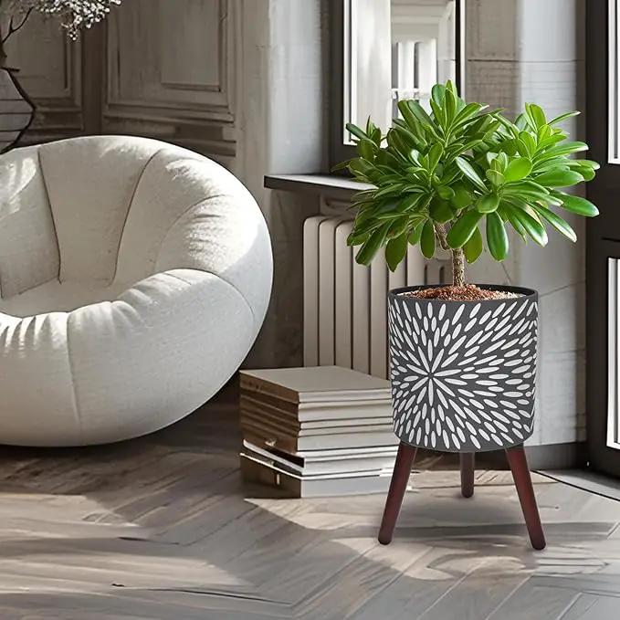 12 Inches Plant Pot with Stand, Large Modern Standing Planters for Indoor Plants with Drainage Holes, Gray Flower Pots with Legs by GreenHaven Gardens