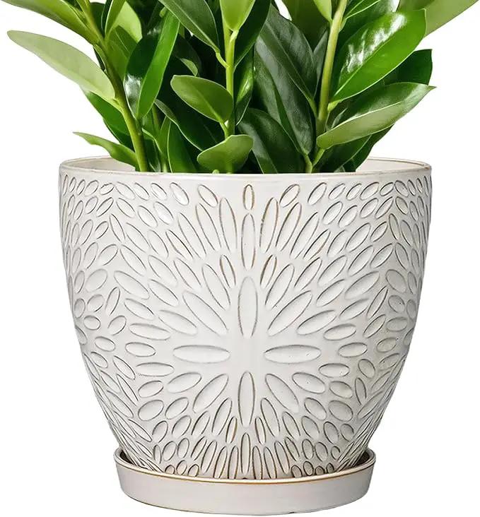 G EPGardening 10 Inch Ceramic Planter Pot with Drainage Hole and Saucer Large Plant Pot for Indoor Plants Outdoor Round Flower Pot for Home Garden Office White by GreenHaven Gardens