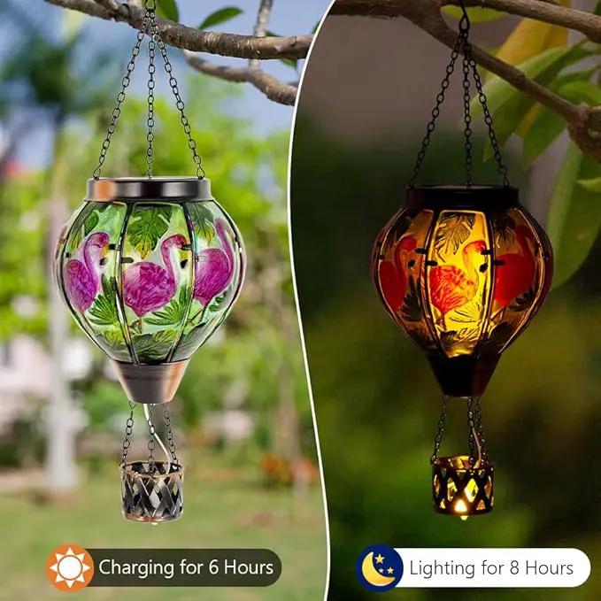 Flamingo Solar Hot Air Balloon Flickering Flame Hanging Garden Light,Glass Hot Air Balloon Solar Lanterns Outdoor Waterproof for Patio Tree Yard Decor,Flamingo Lantern Birthday Gifts for Women by GreenHaven Gardens