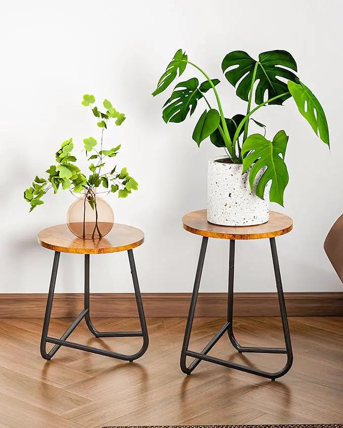 Indoor Plant Stand,Mid Century Wood Stand Plant Table,Modern Plant Stool for Outdoor,Metal Tall Holder for Flower Pots,Small Round Side End Table (Rustic Brown, 15 inch) by GreenHaven Gardens