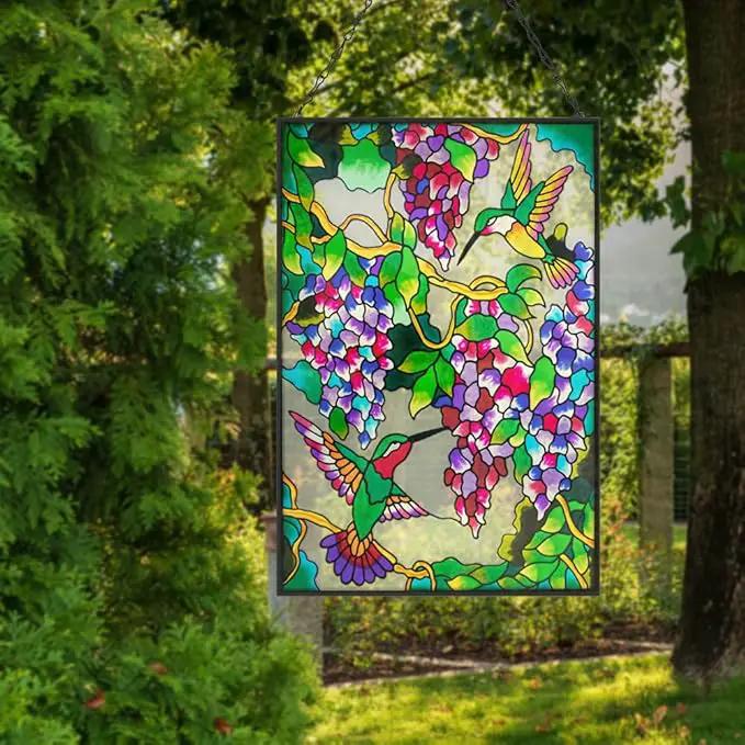 VEWOGARDEN Hummingbird Stained Glass Window Hangings 10" W x 15" H Bird Suncatcher Panel with Chain Windows Hanging Decor Ornament Gift by GreenHaven Gardens