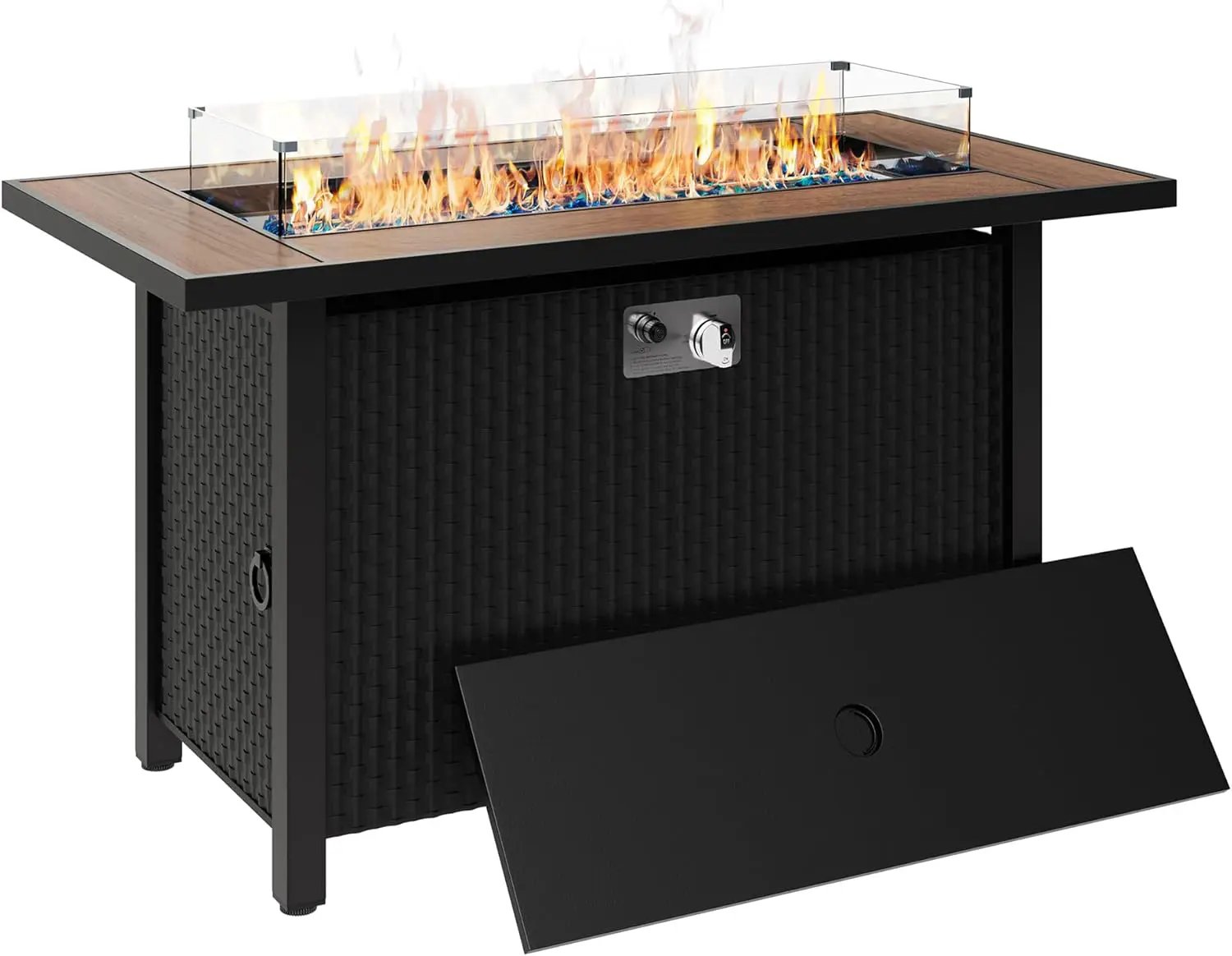 45 inch Outdoor Propane Fire Pit 50,000 BTU Gas Fire Pit Table with Walnut Tabletop, Glass Wind Guard, Waterproof Cover, Rectangle Gas Firepit Table for Garden/Patio,CSA Certification by GreenHaven Gardens