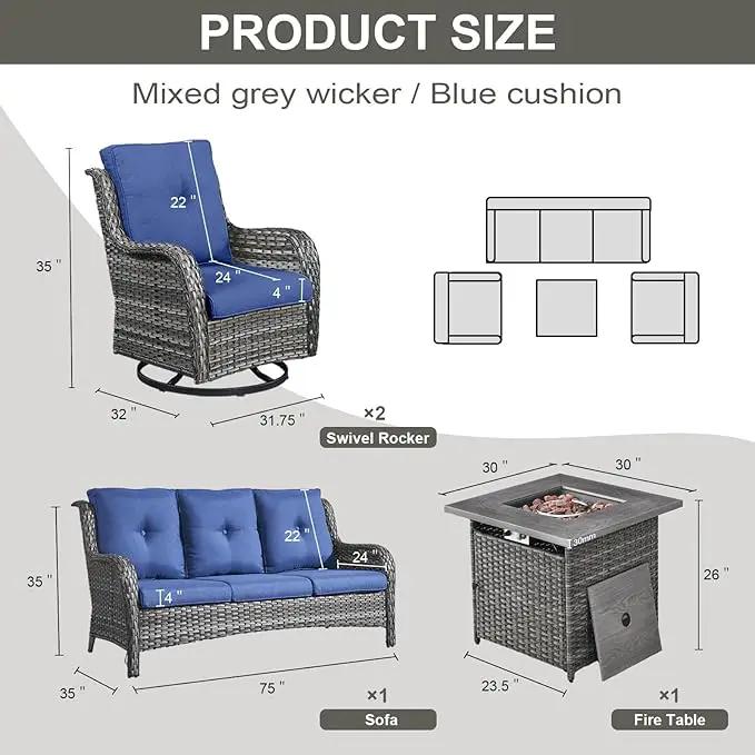 Outdoor Patio Furniture Set with 50000BTU Propane Fire Pit Table, 4 Pieces Wicker Patio Conversation Set with 2 Swivel Rocker Glider Chairs Rattan Sofa Blue Cushion Perfect for Gathering by GreenHaven Gardens