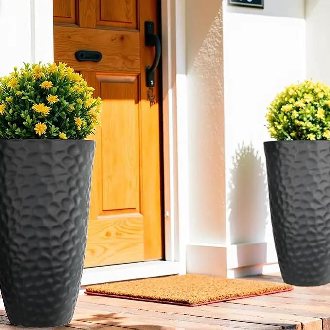 Worth Garden 24" H Tall Hammered Texture Planters Set of 2 - Matte Black Plastic Flower Pot with Drainage Holes, Modern Outdoor Indoor Lightweight Pots for Large Plants, Durable Decor Containers by GreenHaven Gardens