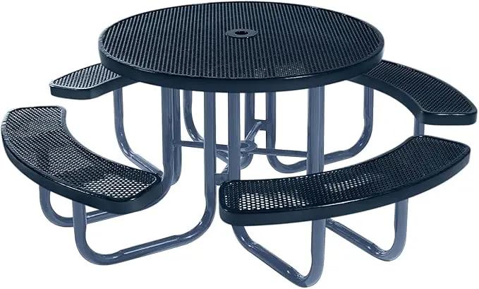Heavy-Duty Portable Outdoor Picnic Table with Umbrella Hole, Punched Steel Commercial-Grade Patio Furniture Made in America (46" Round Top, Dark Blue with Dark Blue Frames) by GreenHaven Gardens