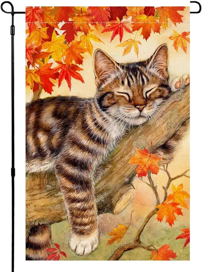 BLKWHT Fall Cat Garden Flag 12x18 Vertical Double Sided Autumn Leaves Thanksgiving Holiday Outside Decorations Burlap Yard Flag BW699 by GreenHaven Gardens