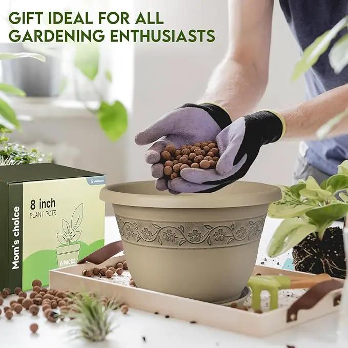 8 Inch Plant Pots with Drainage Hole - Lightweight Flower Pots for Herbs and Flowers - Home Decor Plastic Planters for Indoor Outdoor Plants- Pack of 6 (Brown, 8 inch) by GreenHaven Gardens