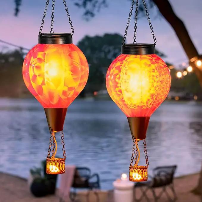 2PC Hot Air Balloon Solar Lantern with Flame, Pink Glass Balloon Lantern Lights Outdoor Waterproof, Hanging Solar Lights for Outside Garden Yard Patio Tree Porch Gift for Women Lovers Mom by GreenHaven Gardens