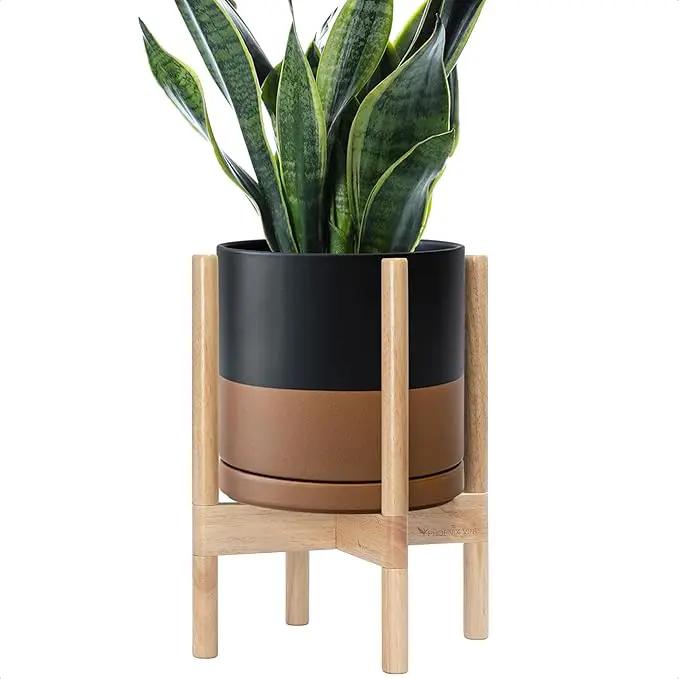 D'vine Dev Ceramic Planter with Natural Stand - 10 Inch Modern Round Flower Pot with Wood Planter Holder, Black/Speckled Tan, 55-B-K-7 by GreenHaven Gardens