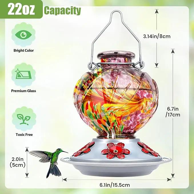 BOLITE Hummingbird Feeder, Hand Blown Glass Hummingbird Feeders for Outdoors Hanging, with Ant Moat and 5 Feeding Ports, 22 Ounces, Peony Flower Shape, Purple, Gifts for Women Men, Gifts for Mom Dad by GreenHaven Gardens