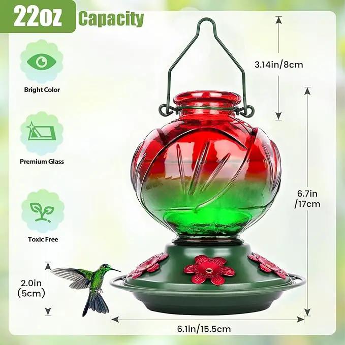 BOLITE Hummingbird Feeder, Glass Hummingbird Feeders for Outdoors Hanging, 22 Ounce, Five Feeding Ports with Perch, Peony Flower Shape, Red and Green, Gifts for Women Men, Gifts for Mom Dad by GreenHaven Gardens