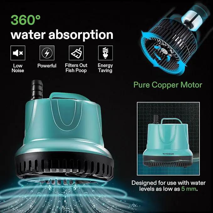 VIVOSUN 850GPH 60W Submersible Pump for Fish Tank, Pond, Aquarium, Hydroponic Systems with 5ft Power Cord and 4 Nozzles Blue by GreenHaven Gardens