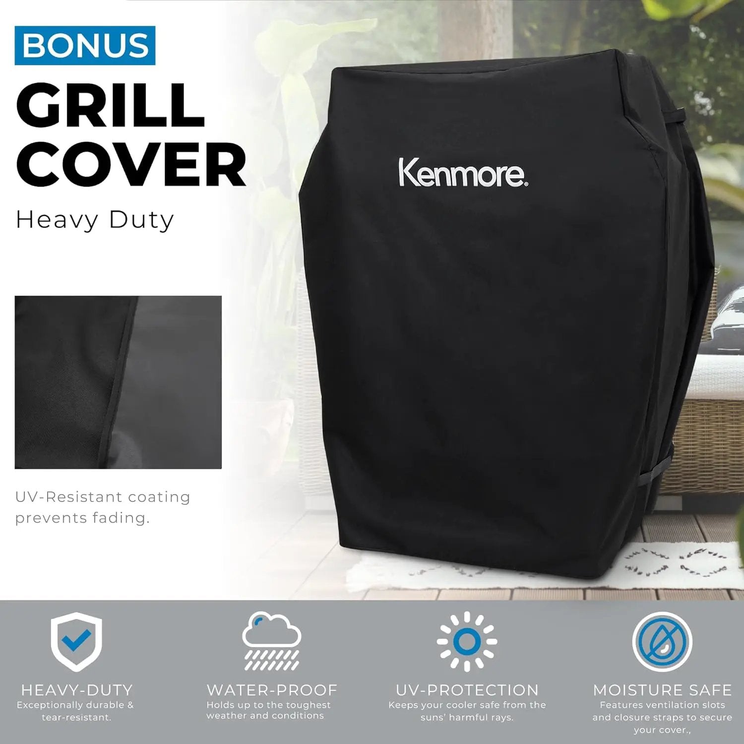 Kenmore 3-Burner Propane BBQ Grill, 30,000 BTUs Gas Grill with Cast Iron Cooking Grates, Folding Side Tables & Wheels, Outdoor Grill with Tool Hooks, Teal + Bonus Cover by GreenHaven Gardens