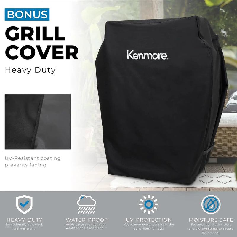 Kenmore 3-Burner Propane BBQ Grill, 30,000 BTUs Gas Grill with Cast Iron Cooking Grates, Folding Side Tables & Wheels, Outdoor Grill with Tool Hooks, Teal + Bonus Cover by GreenHaven Gardens